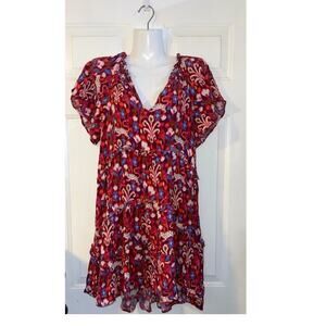Anthropology Robin Tiered Mini Dress Red Pink Floral Size Small Boho Sundress